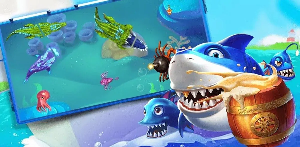 Layar permainan tembak ikan JKTPLUS dengan target bawah laut dan meriam arcade